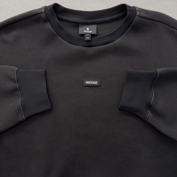 Mackage Justice Crewneck Sweatshirt Mens Large Black Silicone Logo Patch Luxury - Picture 1 of 11